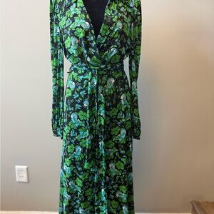 Diane Von Furstenberg Phoenix Black Green Floral Long Sleeve Wrap Dress Large